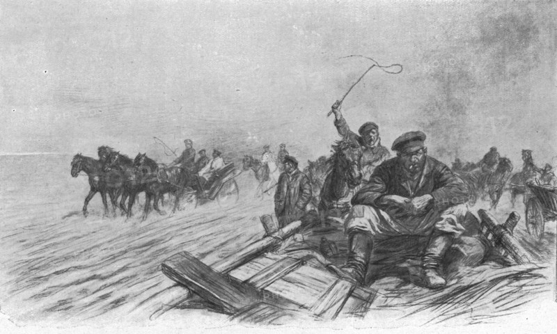 'Visions de guerre sur le front russe; …nous depassons des files de chars de paysan, charges...1915. Creator: Unknown.