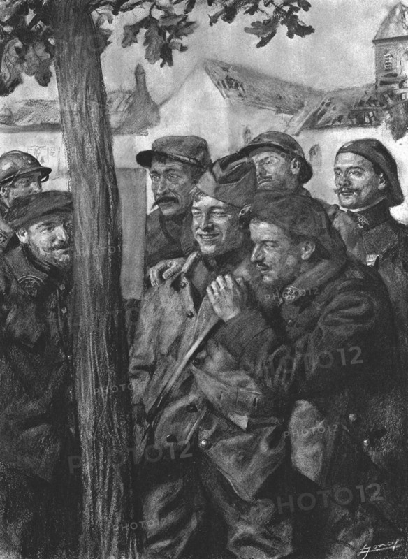 'La lecture au cantonnement d'un bon communique', 1916. Creator: Lucien Jonas.
