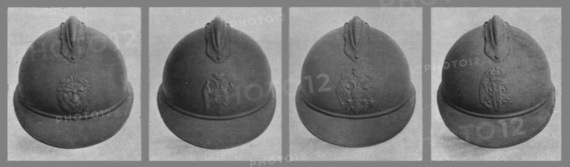'Les casques fabriques par la France pour les armees: de gauche a droite, casques..., 1916. Creator: Unknown.