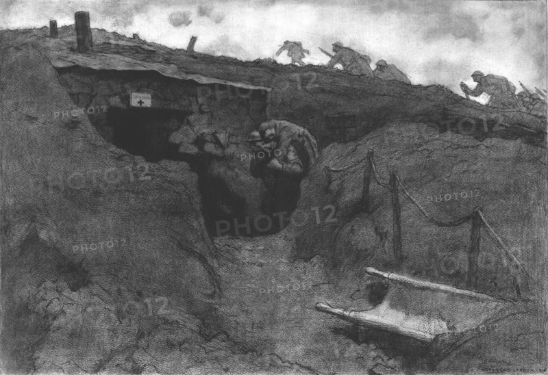'Le poste de secours; un brancardier apporte sur son dos un blesse, tandis que des..., 1916. Creator: Georges Leroux.