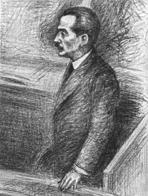 'Le defaitisme et les grands proces; le proces Malvy; M Malvy pendant l'interrogatoire', 1918. Creator: Unknown.