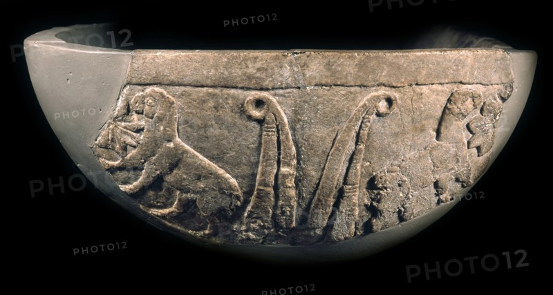 Sumerian reed house. Detail of the Uruk Trough, 3300-3000 BC. Creator: Sumerian culture.