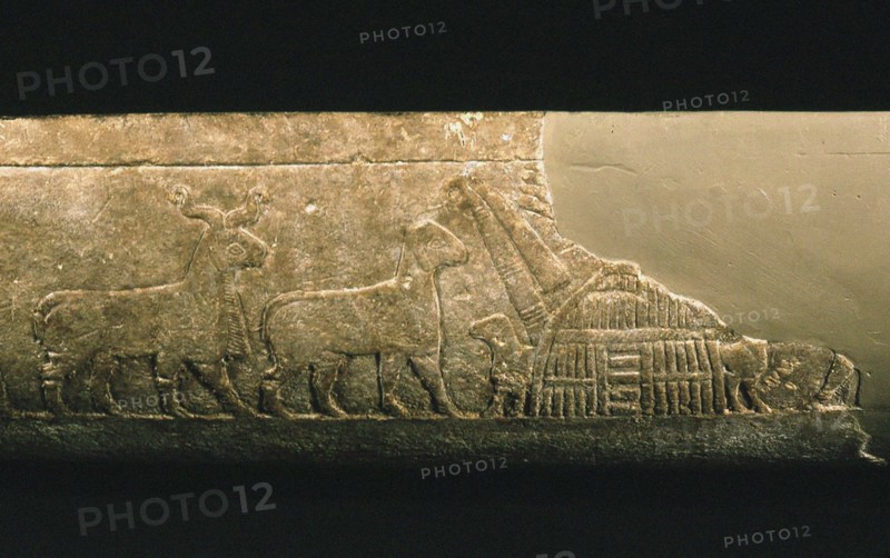 Sumerian reed house. Detail of the Uruk Trough, 3300-3000 BC. Creator: Sumerian culture.