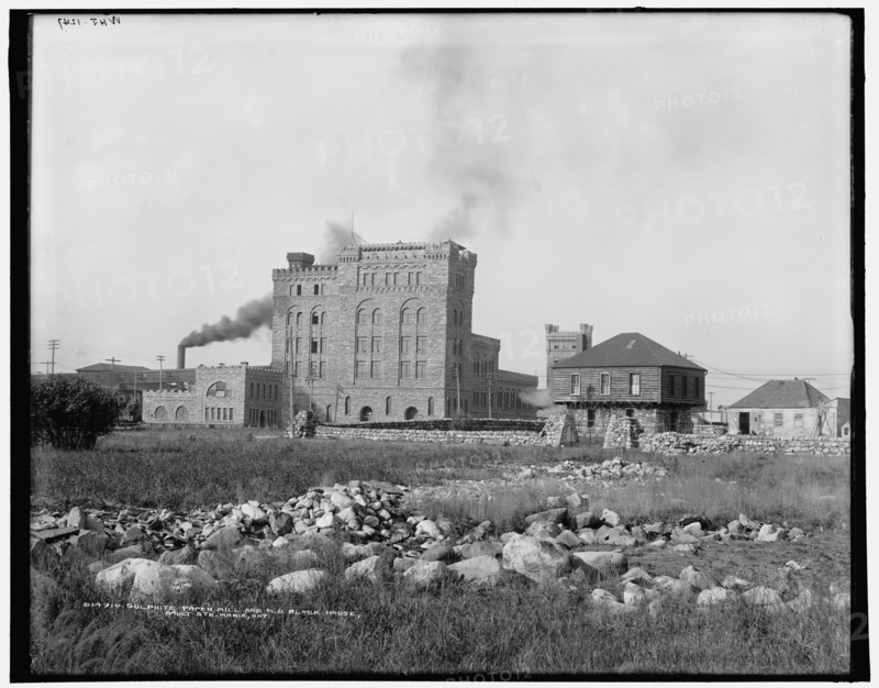 Sulphite paper mill and old block house, Sault Ste. Marie, Ont., (1902?). Creator: William H. Jackson.