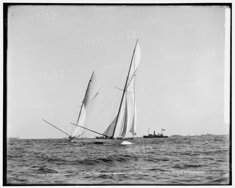 Columbia crossing the line, Shamrock I astern, 1899 Oct 7. Creator: Unknown.