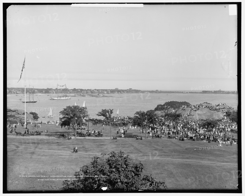 Unveiling tablet commemorating first settlement of Mass. Bay Colony, Stage Fort Park..., c1900-1907. Creator: Unknown.