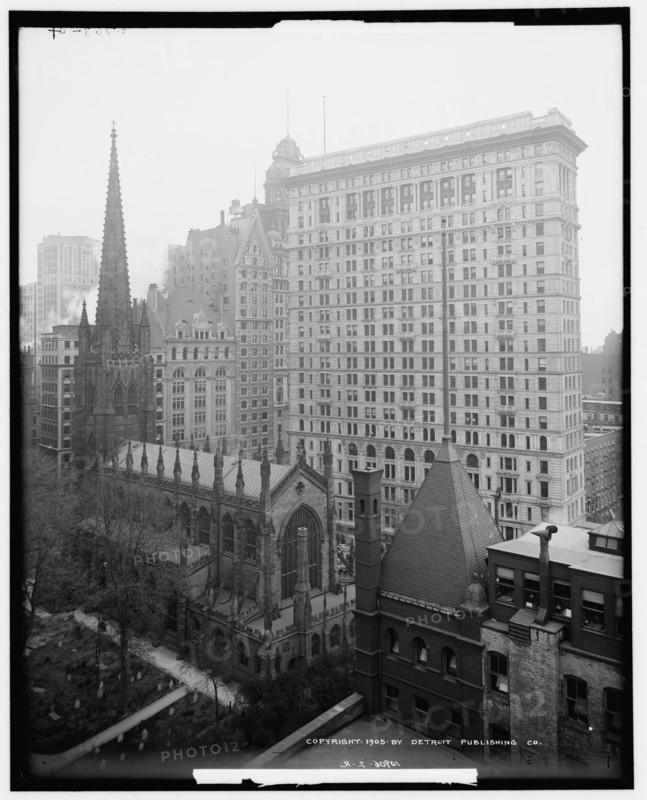 Sky scrapers overshadowing Trinity Church, New York, c1905. Creator: Unknown.
