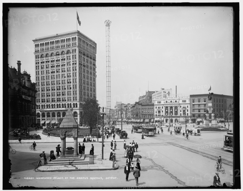 Woodward Avenue at the Campus Martius, Detroit, between 1890 and 1901. Creator: Unknown.