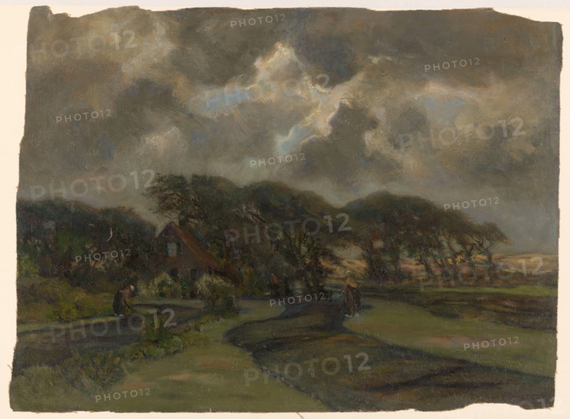 Landscape with cottage, trees and women mending fishing nets, 1872-1944.  Creator: Frans Smissaert.