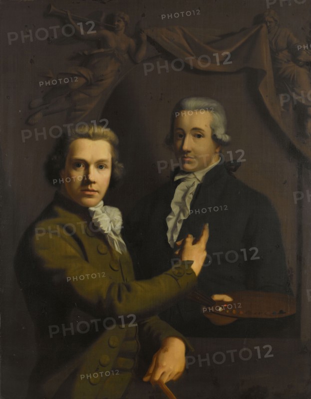 Self Portrait, Pointing at a Portrait of the Artist's deceased Colleague Dirk Jacobsz..., 1791-1795. Creator: Willem Bartel van der Kooi.