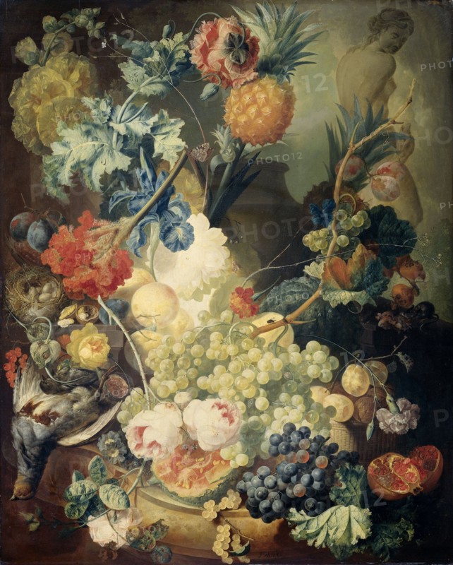 Still Life with Flowers, Fruit and Birds, 1774. Creator: Jan van Os.