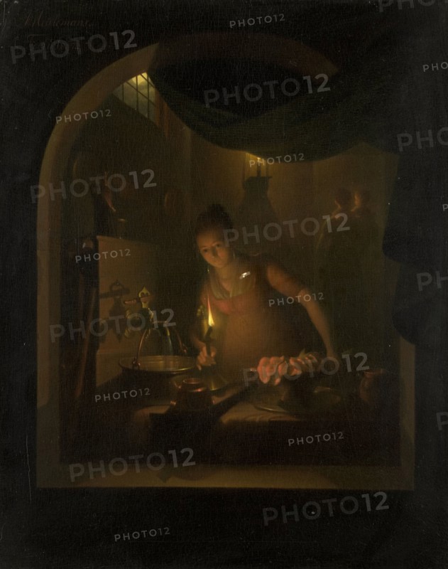 Kitchen by Lamplight, 1817. Creator: Adriaan Meulemans.