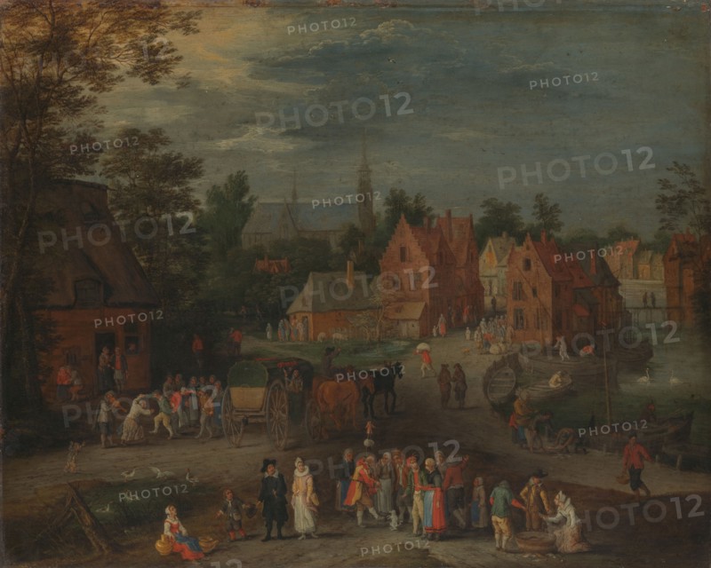 Village with a Puppeteer Entertaining a Small Crowd, c.1650-c.1660. Creator: Peeter Gysels.