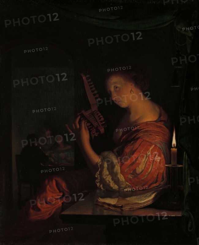 Woman tuning a theorbo, 1665.  Creator: Frans van Mieris I.
