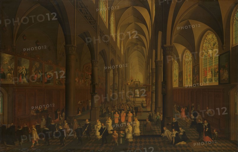 The Interior of the Dominican Church, Antwerp, Looking East, with the Procession of the..., 1636. Creator: Peeter Neeffs the Elder.