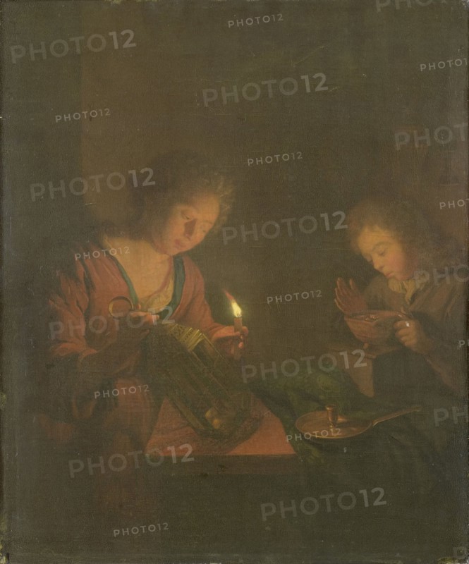 Fire and Light (A Girl Places a Candle in a Lantern and a Boy Blows on the Coals..., 1690-1706. Creator: Godfried Schalcken.