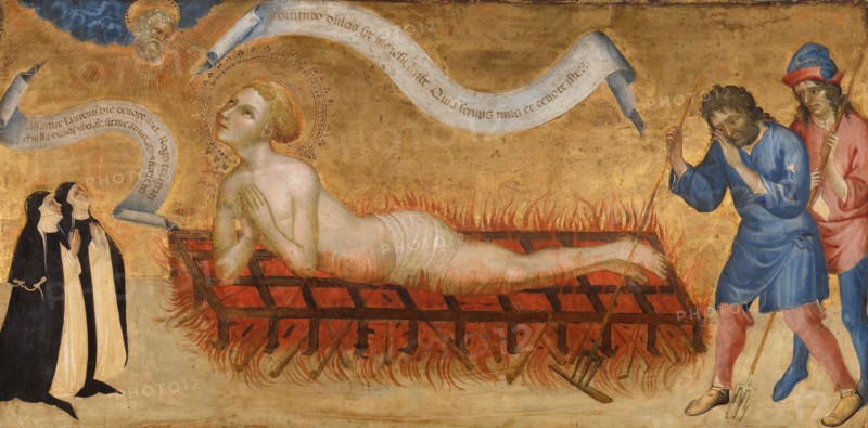 Martyrdom of Saint Lawrence, with Two Benedictine Nuns, c.1425. Creator: Jacobello del Fiore.