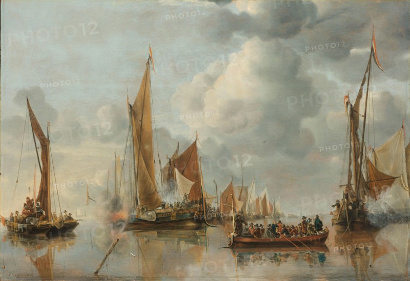 The Home Fleet Saluting the State Barge, 1650. Creator: Jan van de Cappelle.