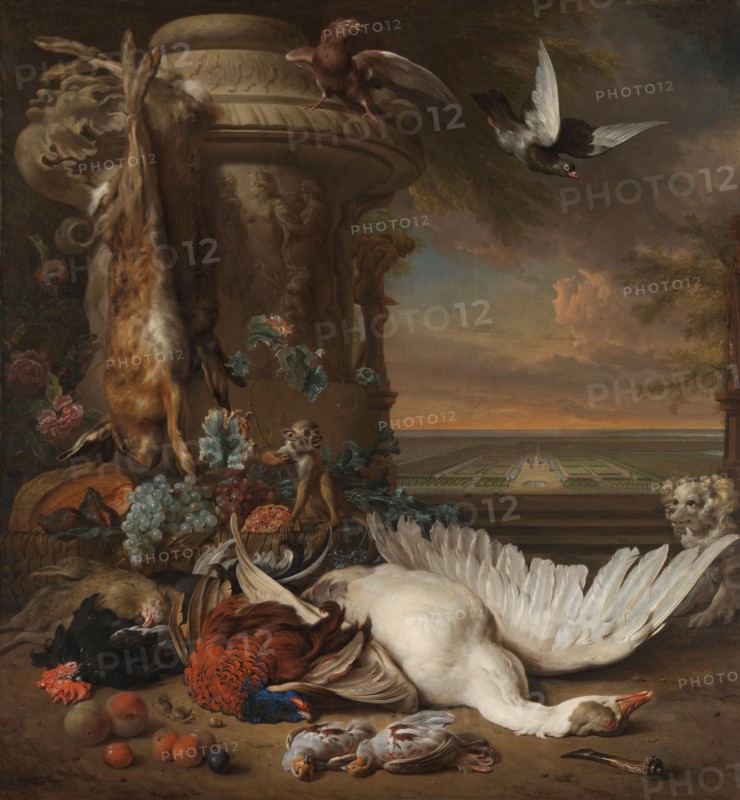 Hunting and Fruit Still Life next to a Garden Vase, with a Monkey, Dog and two Doves..., 1714. Creator: Jan Weenix.