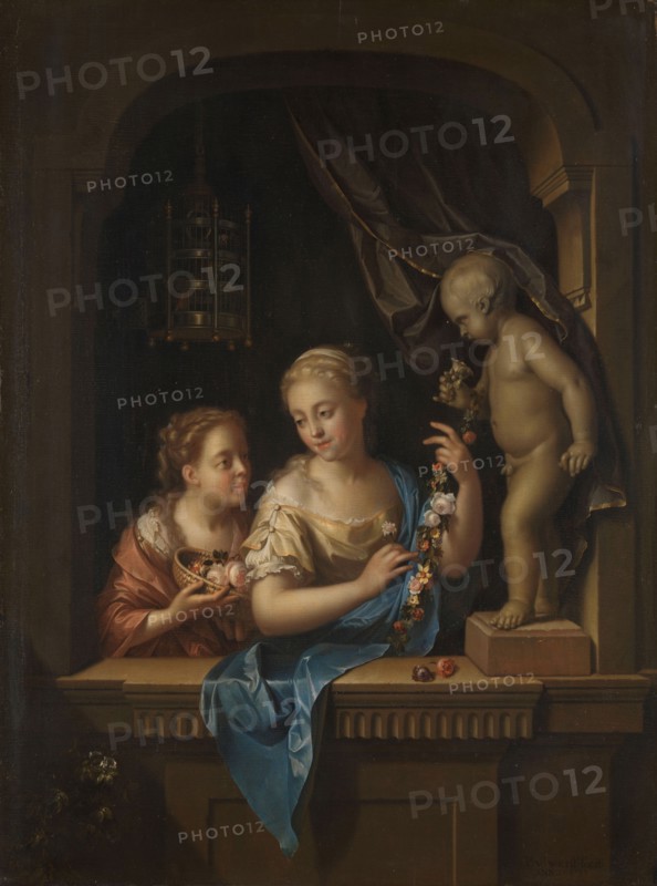 Two Girls with Flowers by a Statue of Cupid, 1713. Creator: Pieter van der Werff.
