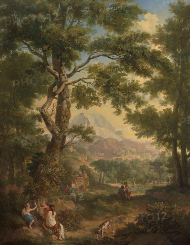 Arcadian landscape, children with a bird and a dog in left foreground, 1771.  Creator: Juriaan Andriessen.