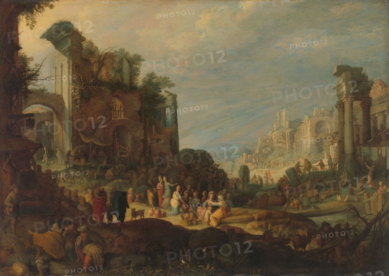 Travellers among Roman Ruins with Rebecca and Eliezer at the Well, c.1602-c.1605. Creator: Willem van Nieulandt.
