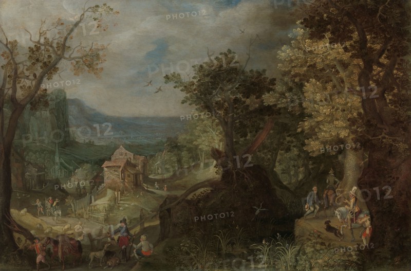 Hunter and Horsemen on a Wooded Road, with a Village in a Valley beyond, 1608. Creator: Anton Mirou.