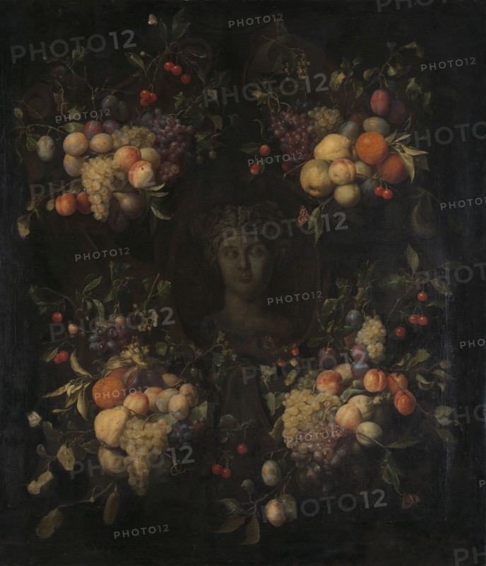 Simulated Sculpted Head of a Woman in a Cartouche Decorated with Swags of Fruit, 1655-1665. Creator: Joris van Son.