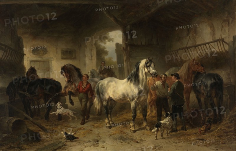Interior of a stable with horses and figures, 1850-1874.  Creator: Wouterus Verschuur.