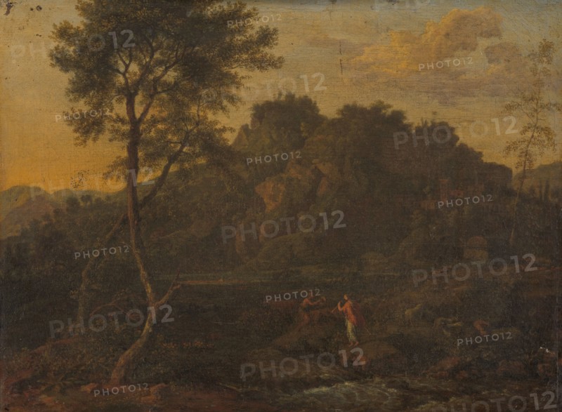 Nymph and Shepherd Making Music in a Landscape, c.1685. Creator: Abraham Genoels II.