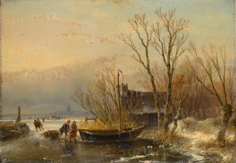 Winter Scene on the Ice with Wood Gatherers, 1849. Creator: Andreas Schelfhout.