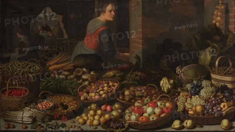 Still Life with Fruit and Vegetables, with Christ at Emmaus in the background, c.1630. Creators: Jesus Christ, Floris van Schooten.