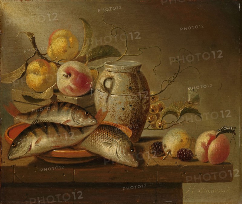 Still Life with Earthenware Jar, Fish and Fruit, 1652. Creator: Harmen Steenwijck.