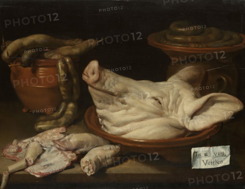 Still Life with Pig's Head, Pig's Knuckles and Sausage, 1600-1650. Creator: Monogrammist JVR.