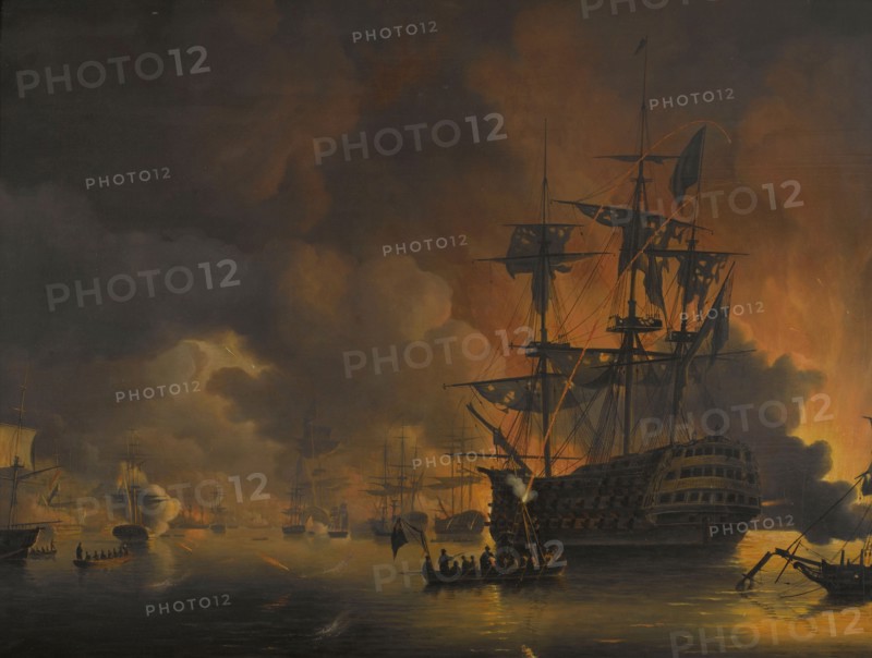 The fire on the Wharves of Algiers, shortly after the commencement of the Bombardment by the Anglo-D Creator: Nicolaus Baur.