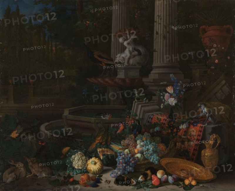 Still Life with Vegetables before a Draped, Overturned Plinth by an Ornamental Fountain, 1680-1690. Creator: Peeter Gysels.