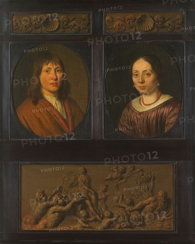 Portraits of a Man and a Woman framed with two ornamental frieze miniatures with shell motif and a T Creator: Pieter Cornelisz. van Slingeland.