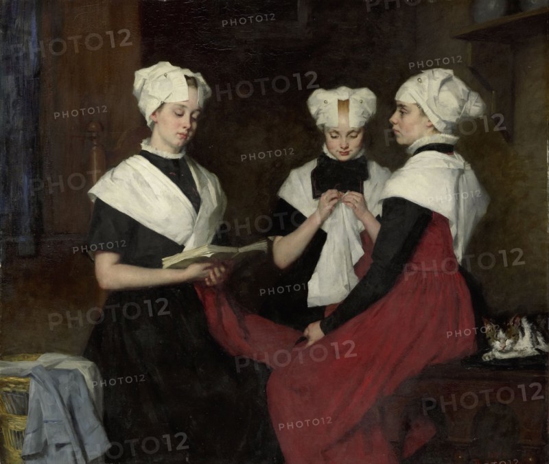 Three girls from the Amsterdam Burgerweeshuis, 1885.  Creator: Thérèse Schwartze.