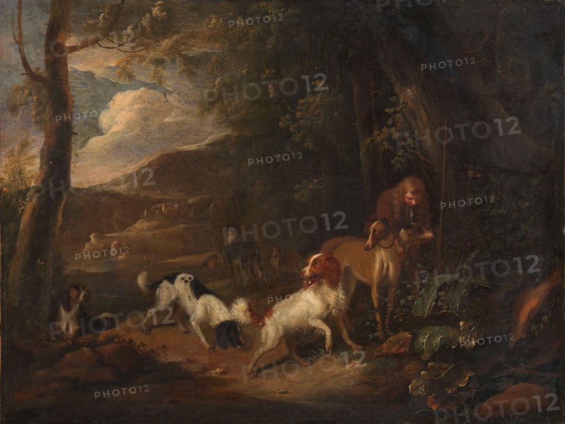 Hunter with Hounds at the Edge of a Wood, c.1696. Creator: Adriaen Cornelisz Beeldemaker.