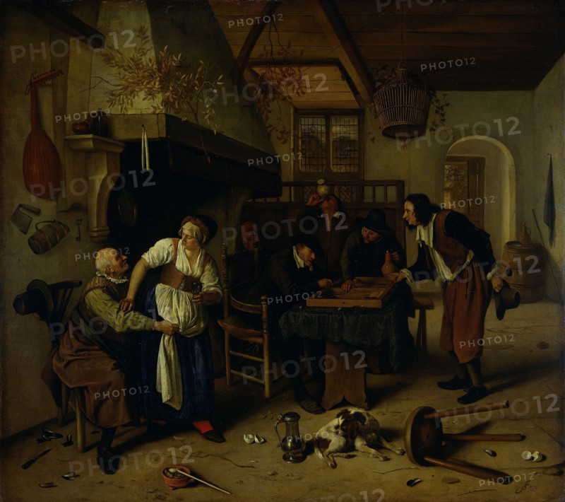 Interior of an inn with an old man amusing himself with the landlady and two men playing backgammon, Creator: Jan Steen.