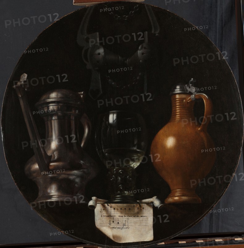 Emblematic Still Life with Flagon, Glass, Jug and Bridle, 1614. Creator: Johannes van der Beeck.