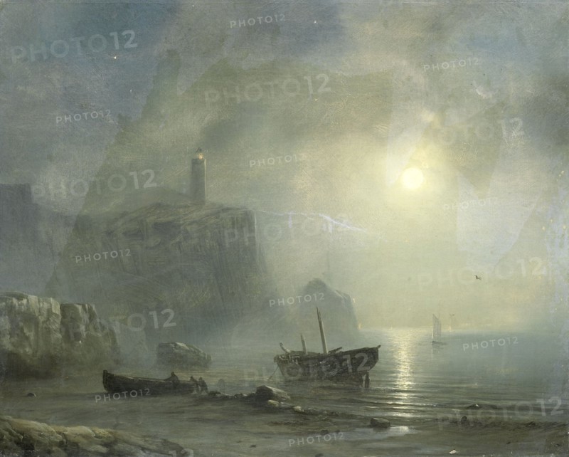 View of a Rocky Coast by Moonlight, 1830-1880. Creator: Theodore Gudin.