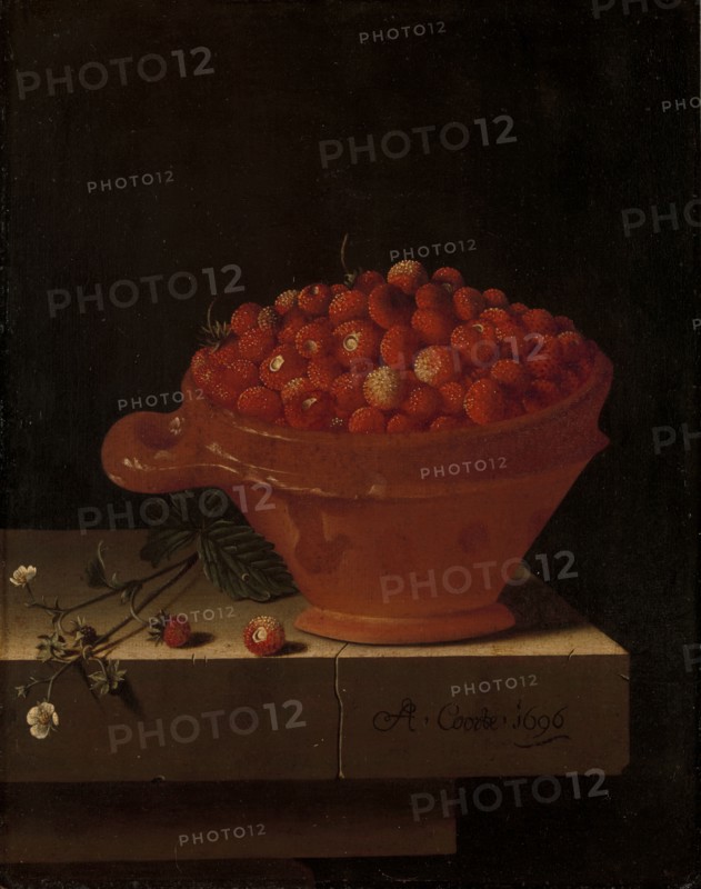 A Bowl of Strawberries on a Stone Plinth, 1696. Creator: Adriaen Coorte.