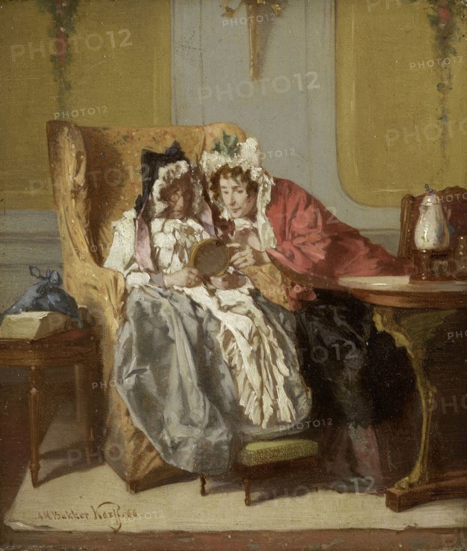 Two Ladies Examining a Little Painting, 1866. Creator: Alexander Hugo Bakker Korff.