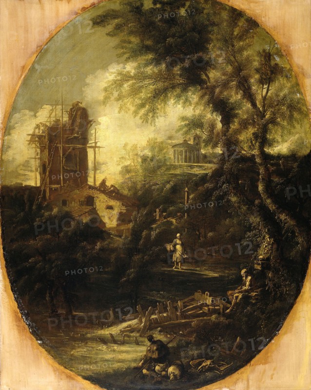 Landscape with Hermit, Pilgrim and Peasant Woman, 1690-1740. Creator: Antonio Francesco Peruzzini.
