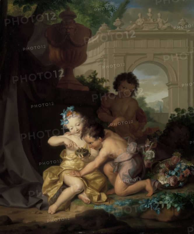 Three children playing with a bird's nest, 1718.  Creator: Isaac Walraven.