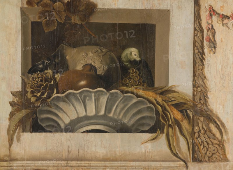 Still Life with a Bowl of Corn, Artichokes, Grapes and a Parrot, 1645-1650. Creator: Jacob van Campen.