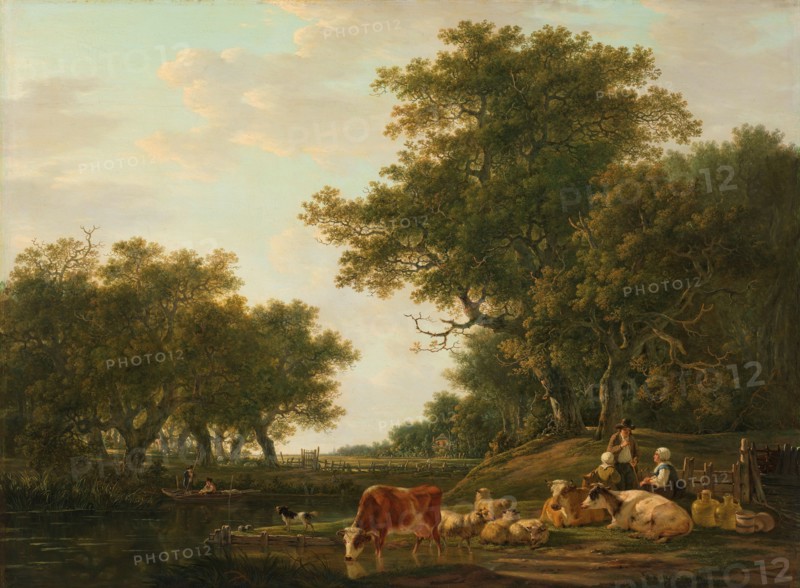 Landscape with Peasants with their Cattle and Anglers on the Water, 1800-1810. Creator: Jacob van Strij.