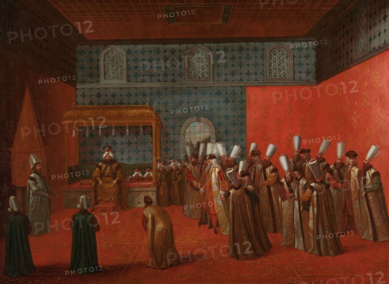 Ambassador Cornelis Calkoen at his Audience with Sultan Ahmed III, c.1727-c.1730. Creator: Jean Baptiste Vanmour.