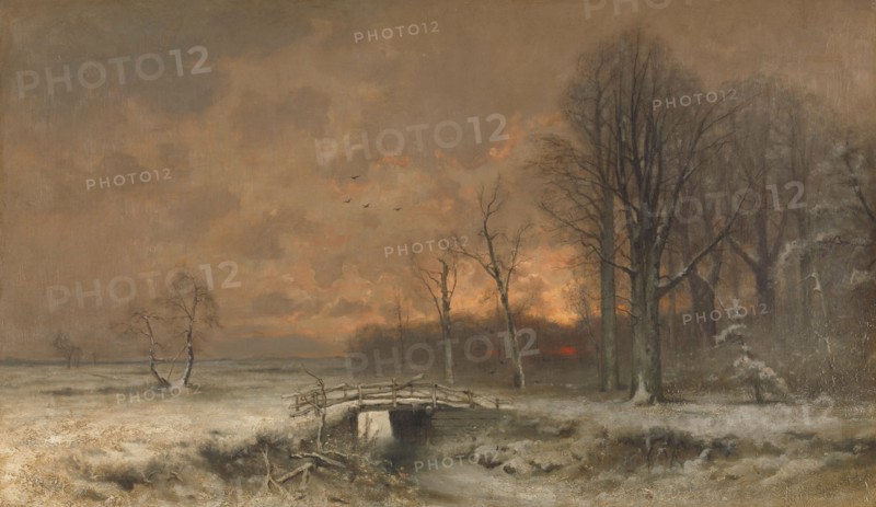 Winter Scene with the Sun Setting Behind Trees, 1880-1930. Creator: Louis Apol.